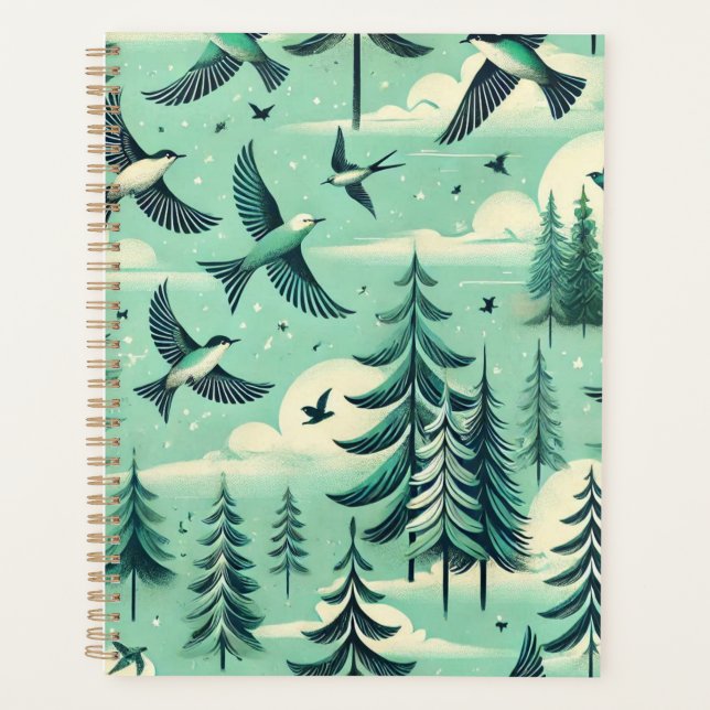 Teal Green Forest and Birds Pattern Planner (Front)