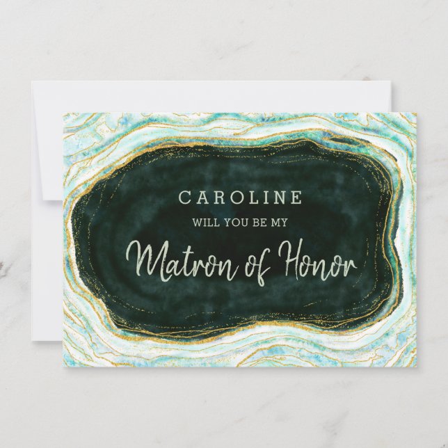 Teal Green Geode Matron of Honour Proposal Card (Front)