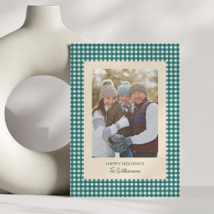 Teal Green Gingham Plaid Holiday Photo Christmas Card