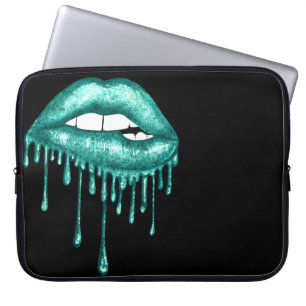 TEAL GREEN GLITTER DRIPPING LIPS LAPTOP SLEEVE