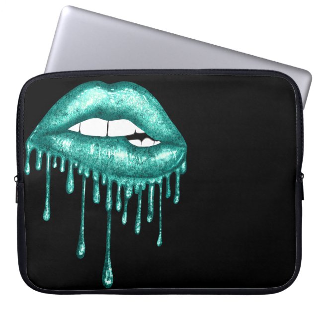TEAL GREEN GLITTER DRIPPING LIPS LAPTOP SLEEVE (Front)