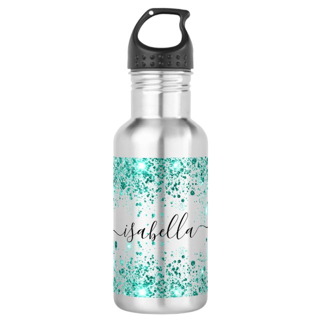 Teal green glitter name script girl 532 ml water bottle (Front)