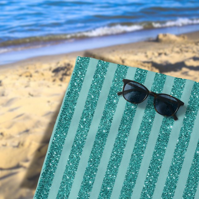 Teal Green Glitter Style Horizontal Stripes Beach Towel (Creator Uploaded)