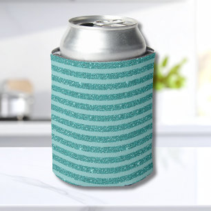 Teal Green Glitter Style Horizontal Stripes Can Cooler
