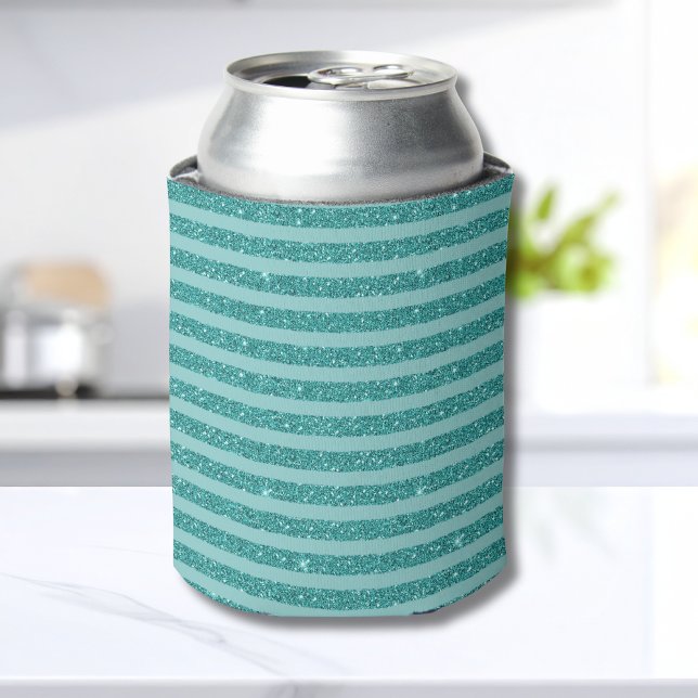 Teal Green Glitter Style Horizontal Stripes Can Cooler (Creator Uploaded)