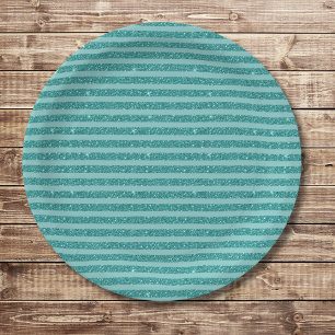 Teal Green Glitter Style Horizontal Stripes Paper Plate