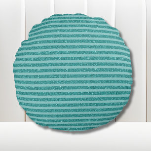 Teal Green Glitter Style Horizontal Stripes Round Cushion