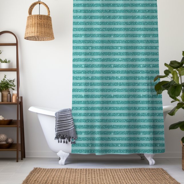 Teal Green Glitter Style Horizontal Stripes Shower Curtain (Creator Uploaded)