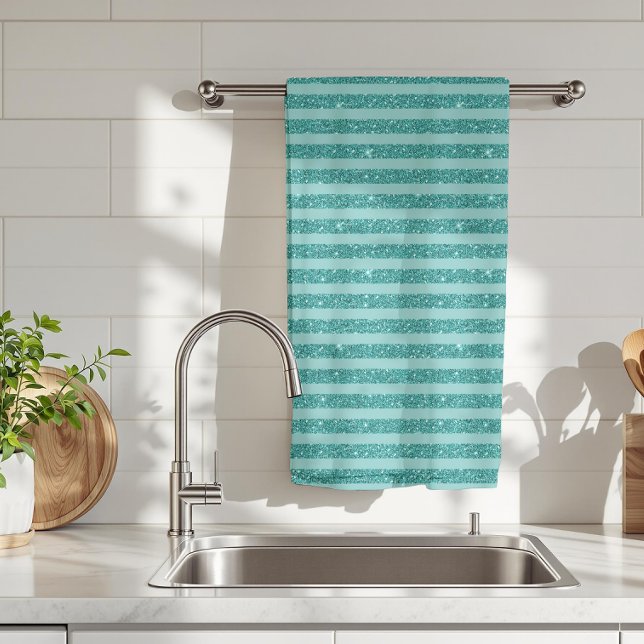 Teal Green Glitter Style Horizontal Stripes Tea Towel (Creator Uploaded)