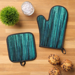 Teal Green Glitzy Glam Tinsel Stripes  Oven Mitt & Pot Holder Set