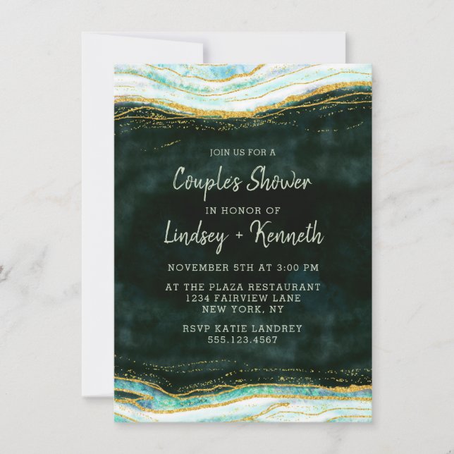 Teal Green & Gold Agate Couple's Wedding Shower Invitation (Front)