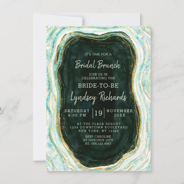 Teal Green & Gold Agate Geode Bridal Brunch Shower Invitation (Front)