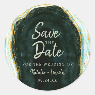 Teal Green & Gold Agate Marble Geode Save the Date Classic Round Sticker