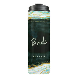 Teal Green & Gold Agate Marble Personalised Bride Thermal Tumbler