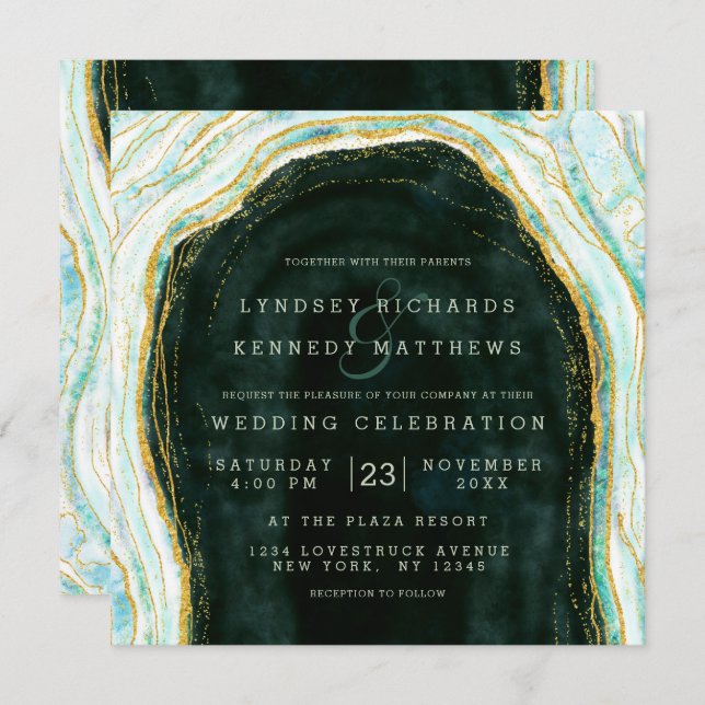 Teal Green & Gold Agate Marble Rock Wedding Square Invitation (Front/Back)