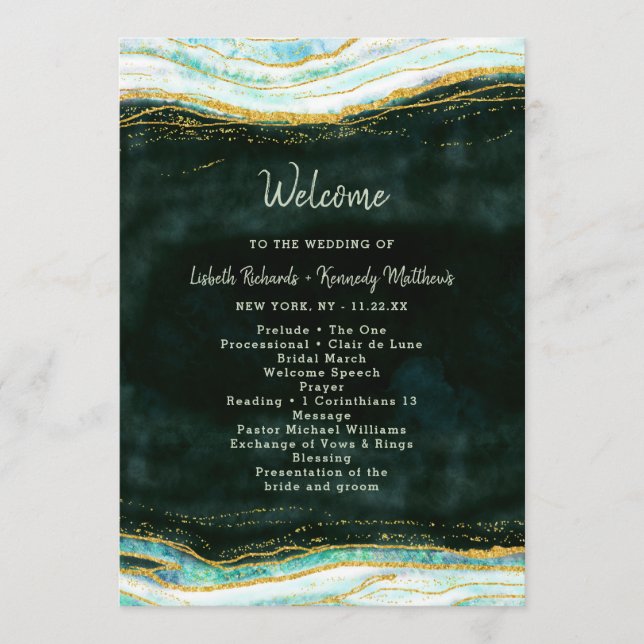 Teal Green & Gold Agate Marble Wedding Ceremony Programme (Front)