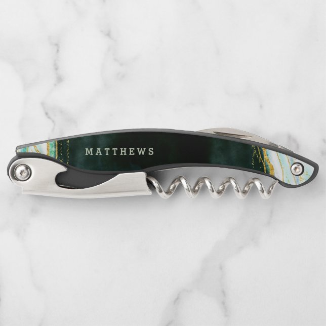 Teal Green & Gold Agate Marble Wedding Monogram Corkscrew (Front)