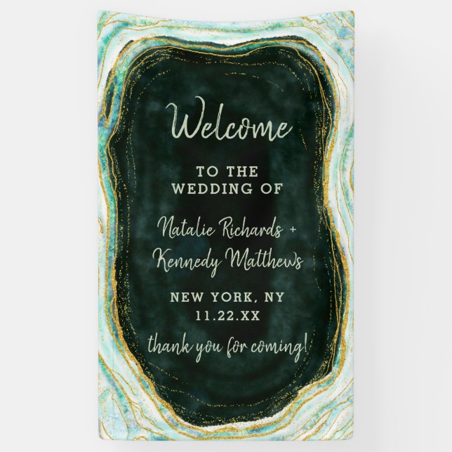 Teal Green & Gold Agate Marble Wedding Welcome Banner (Vertical)