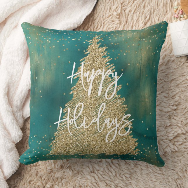 Teal Green Gold Glitter Sparkle Christmas Tree    Cushion (Blanket)