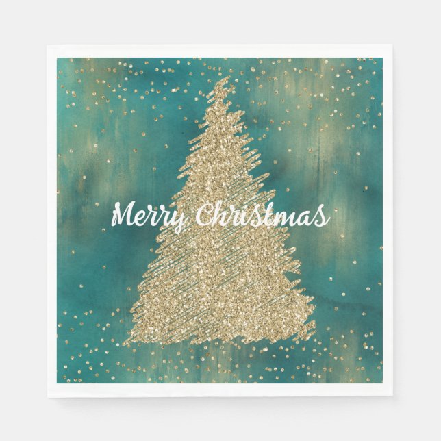 Teal Green Gold Glitter Sparkle Christmas Tree    Napkin (Front)