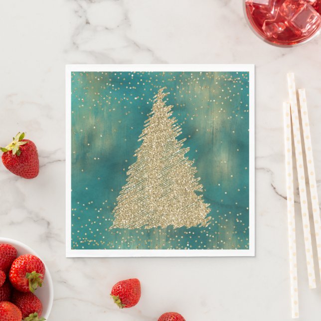 Teal Green Gold Glitter Sparkle Christmas Tree     Napkin (Insitu)