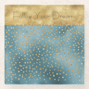 Teal Green Gold Luxe Glam Glitter Dots   Glass Coaster