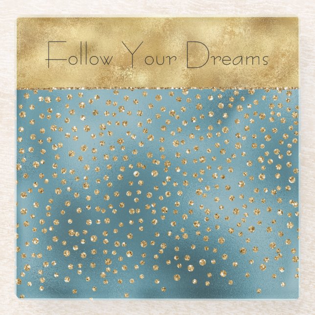 Teal Green Gold Luxe Glam Glitter Dots   Glass Coaster (Front)