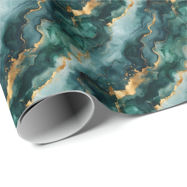 Teal / Green / Gold Marble Wrapping Paper (Roll Corner)