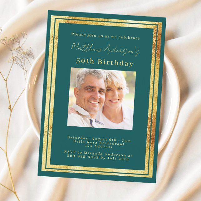 Teal green gold photo birthday invitation (Creator Uploaded)