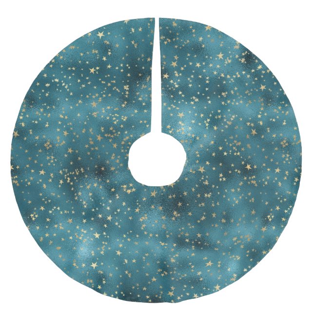 Teal Green Gold Stars Brushed Polyester Tree Skirt (Front)