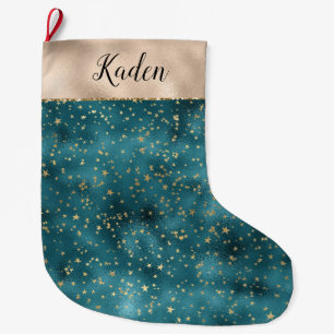 Teal Green Gold Stars Large Christmas Stocking