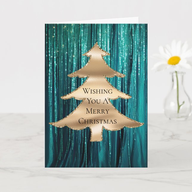 Teal Green Gold Tinsel Christmas Tree Card (Small Plant)