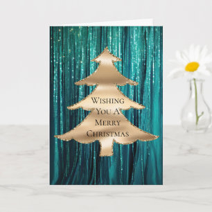 Teal Green Gold Tinsel Christmas Tree Card