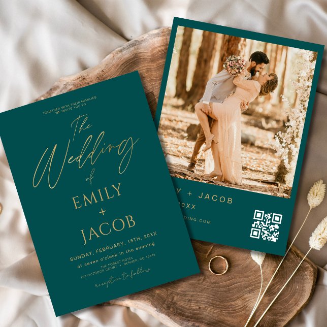 Teal Green Gold Wedding QR Code Photo Script Invitation (Creator Uploaded)