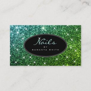 Teal Green Gradient Luminous Glitter Stars Nails Business Card