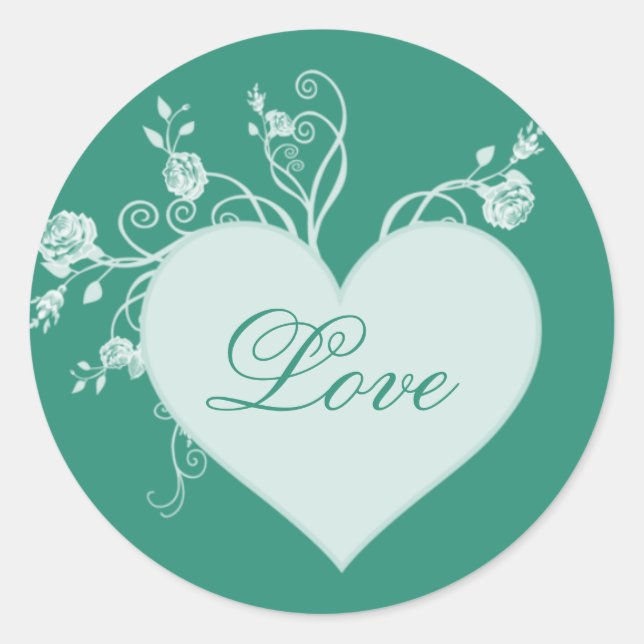 Teal Green Heart and Roses Love Stickers (Front)