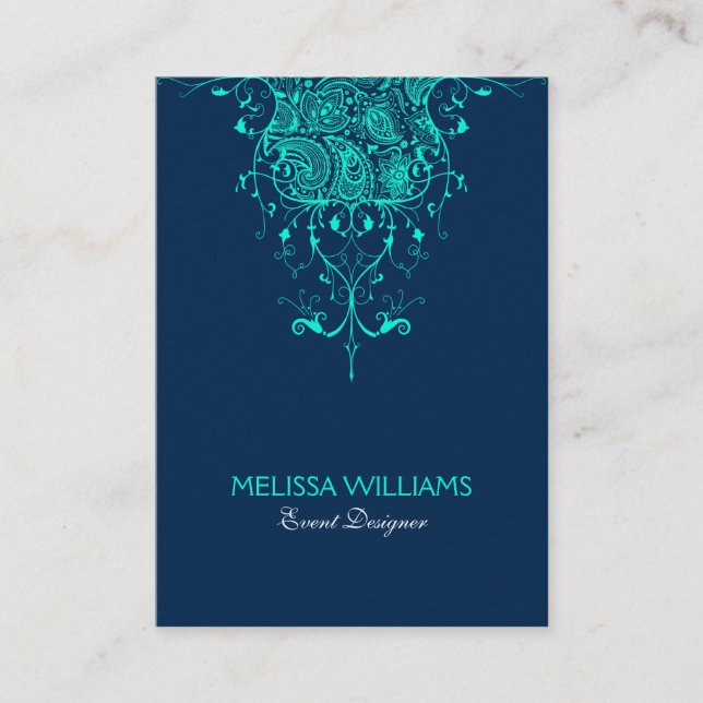 Teal Green Lace On Dark Blue Background Business Card (Front)