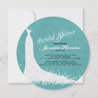 Teal-Green Linen And White Lace Wedding Dress Invitation