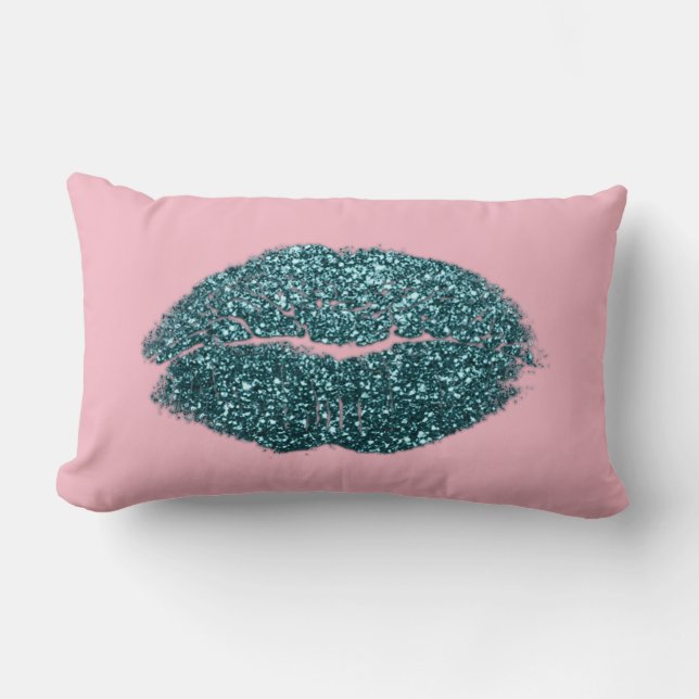 Teal Green Lips Glitter Pastel Pink Beauty Kiss Lumbar Cushion (Front)