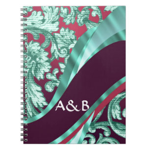 Teal green & magenta damask spiral notebook