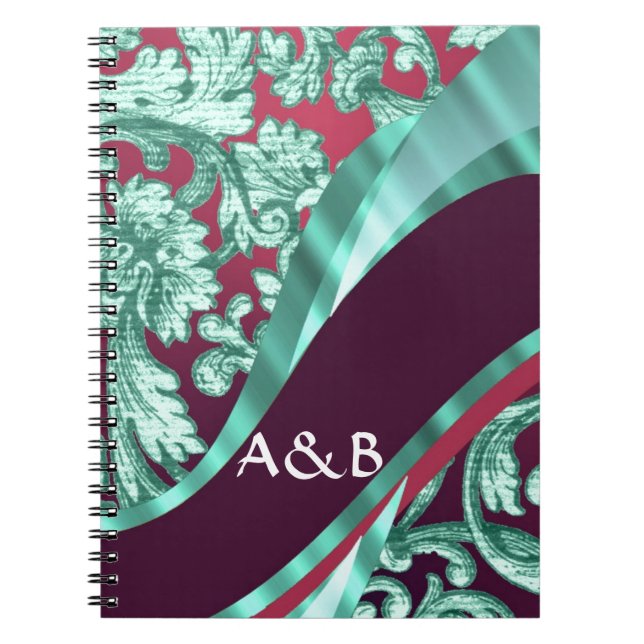 Teal green & magenta damask spiral notebook (Front)