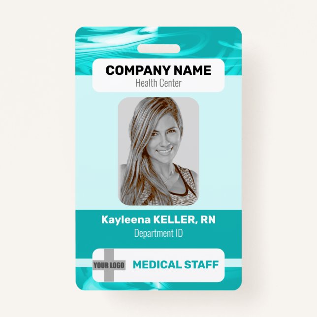 Teal Green Marble Photo Barcode Logo Medical Staff ID Badge (Front)