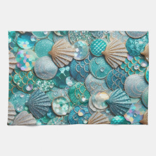 Teal Green Mermaid Print With Seashells Tea Towel
