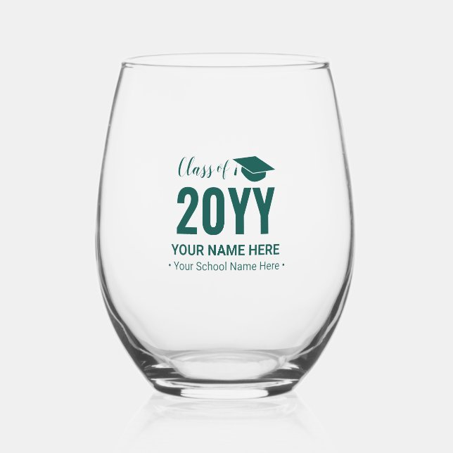 Teal Green | Modern Graduation Gift Custom Text Stemless Wine Glass (Front)