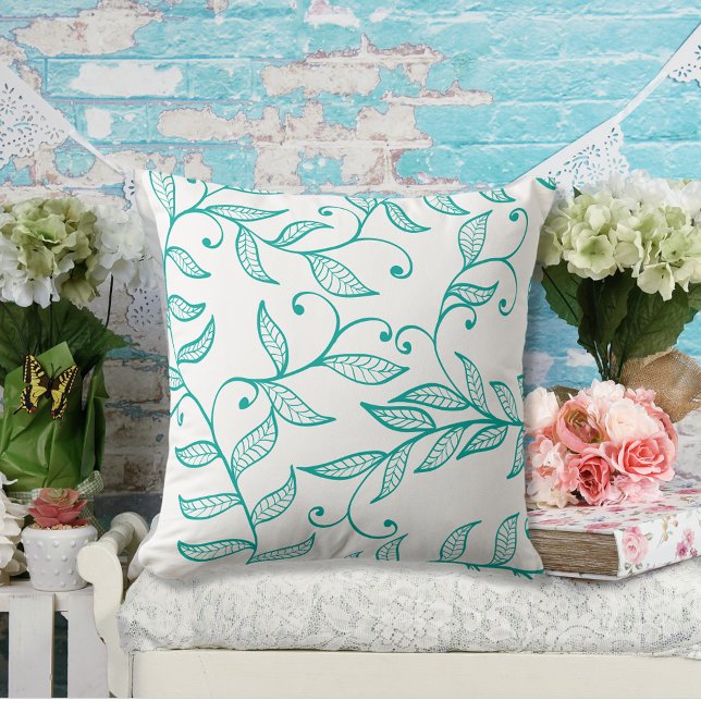 Teal Green Natural Vine Decorative Line Art Cushion (Creator Uploaded)
