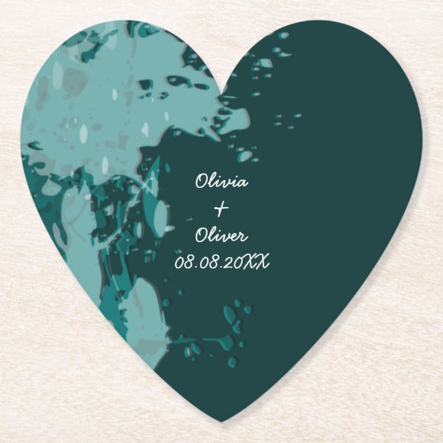 Teal-Green Paint Splatter Heart-Shaped Coaster (Front)