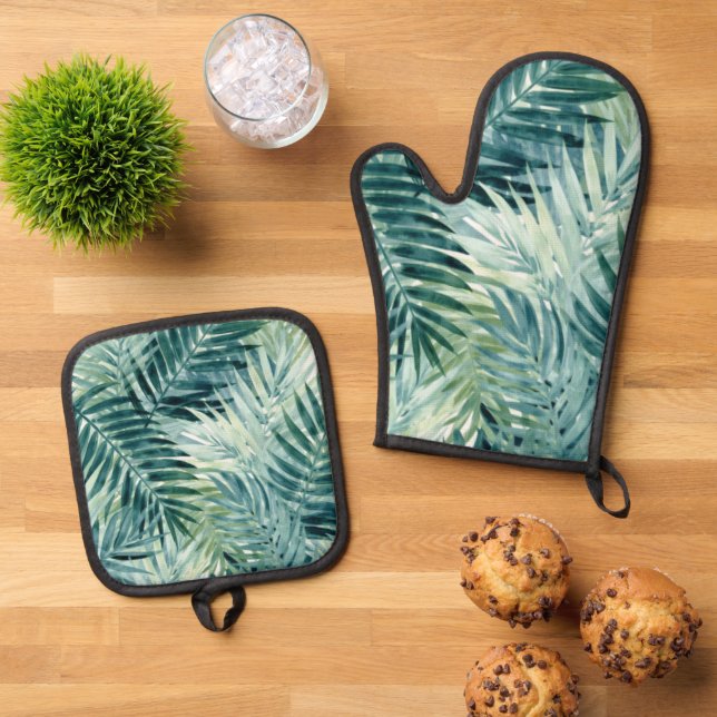 Teal Green Palm Leaves Oven Mitt & Pot Holder Set (Top Down)