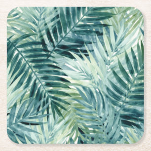 Teal Green Palm Leaves Square Paper Coaster