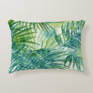 Teal Green Palm Leaves Tropical Watercolor Art Decorative Cushion