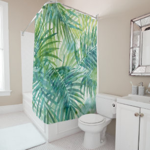 Teal Green Palm Leaves Tropical Watercolor Art Shower Curtain